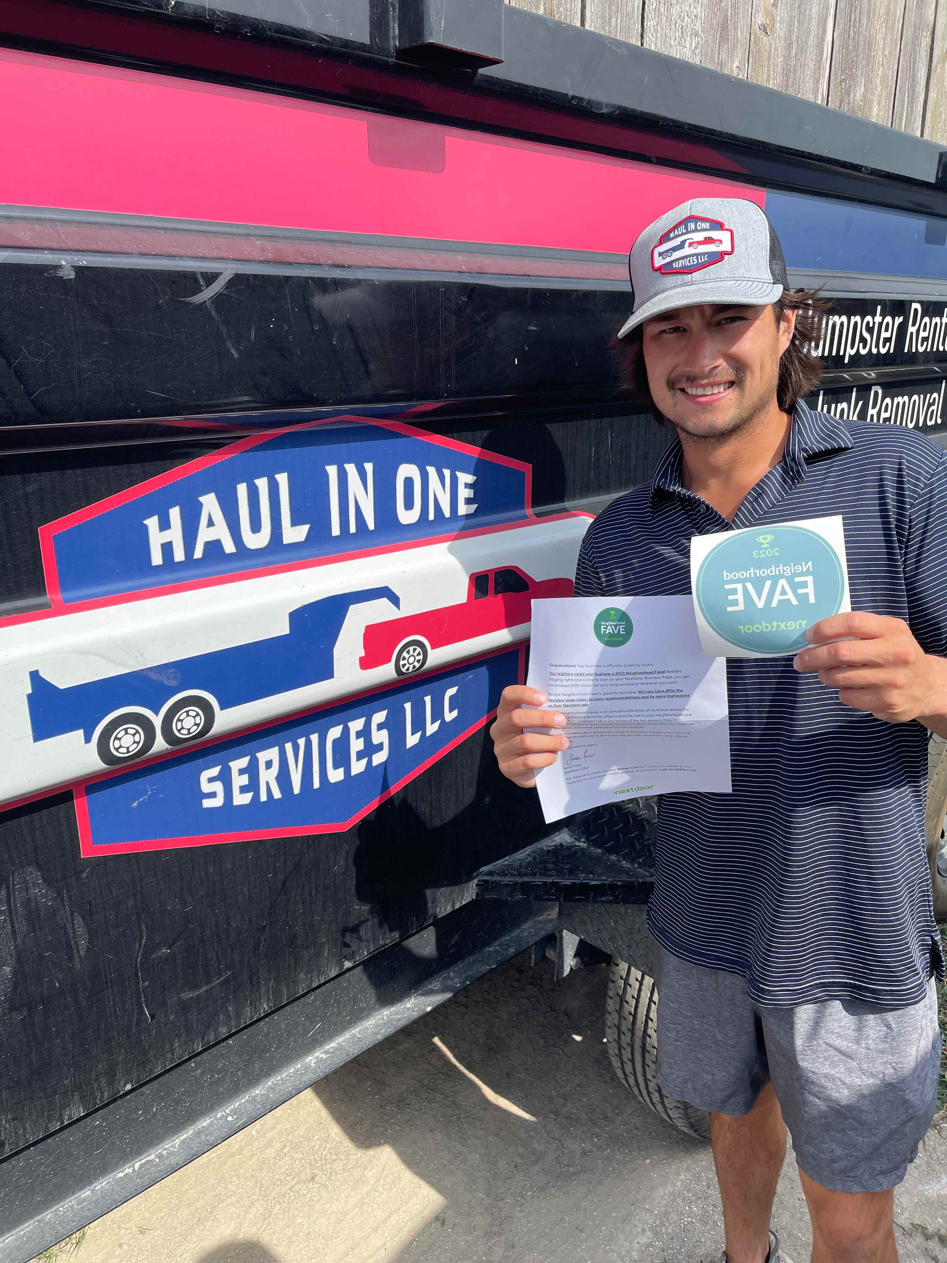 Haul In One Services owner Tristan with Nextdoor Neighborhood FAVE award Dallas Fort Worth